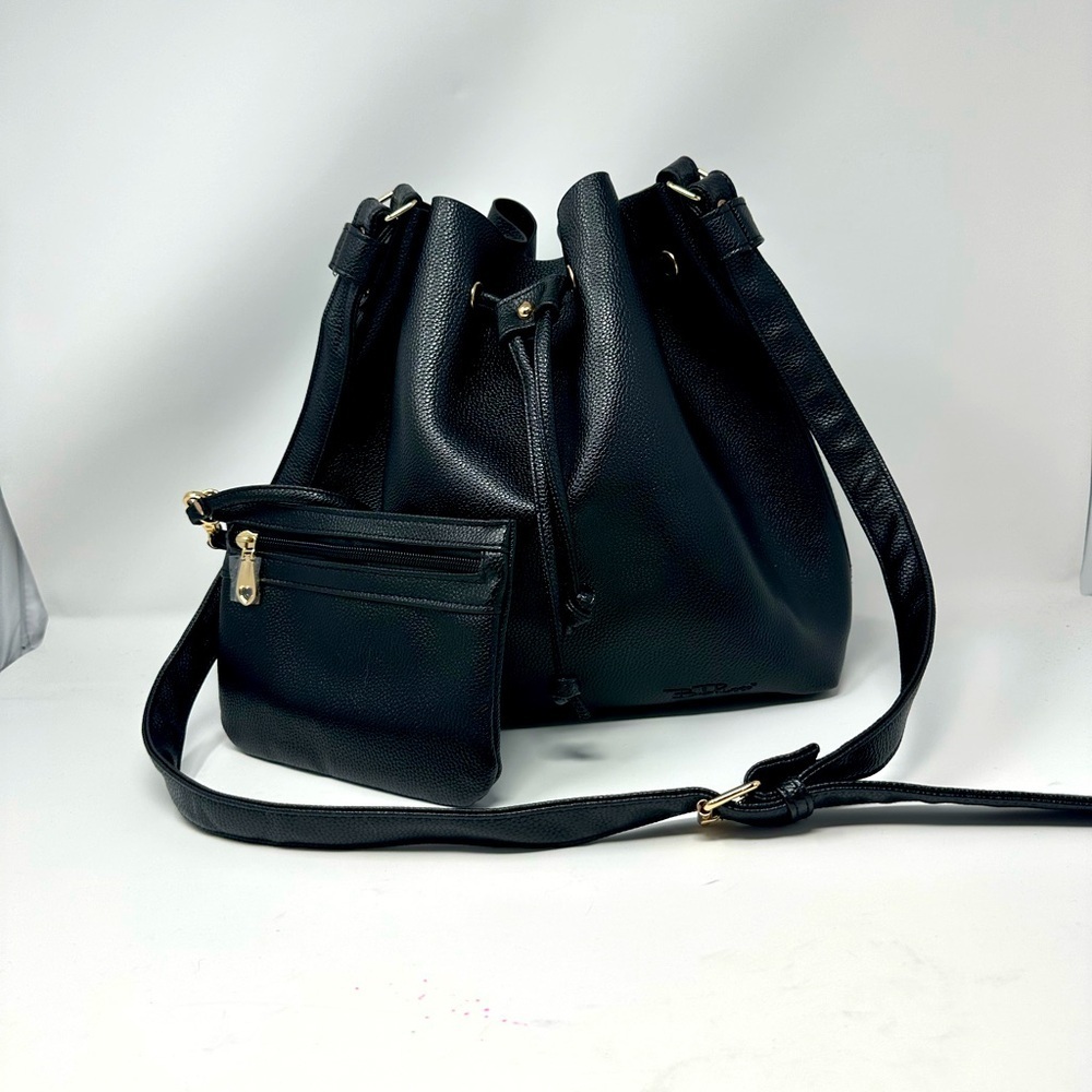 BELLA RUSSO Pebbled Faux Leather Black Tote Handbag w/ wristlet, NWT​​